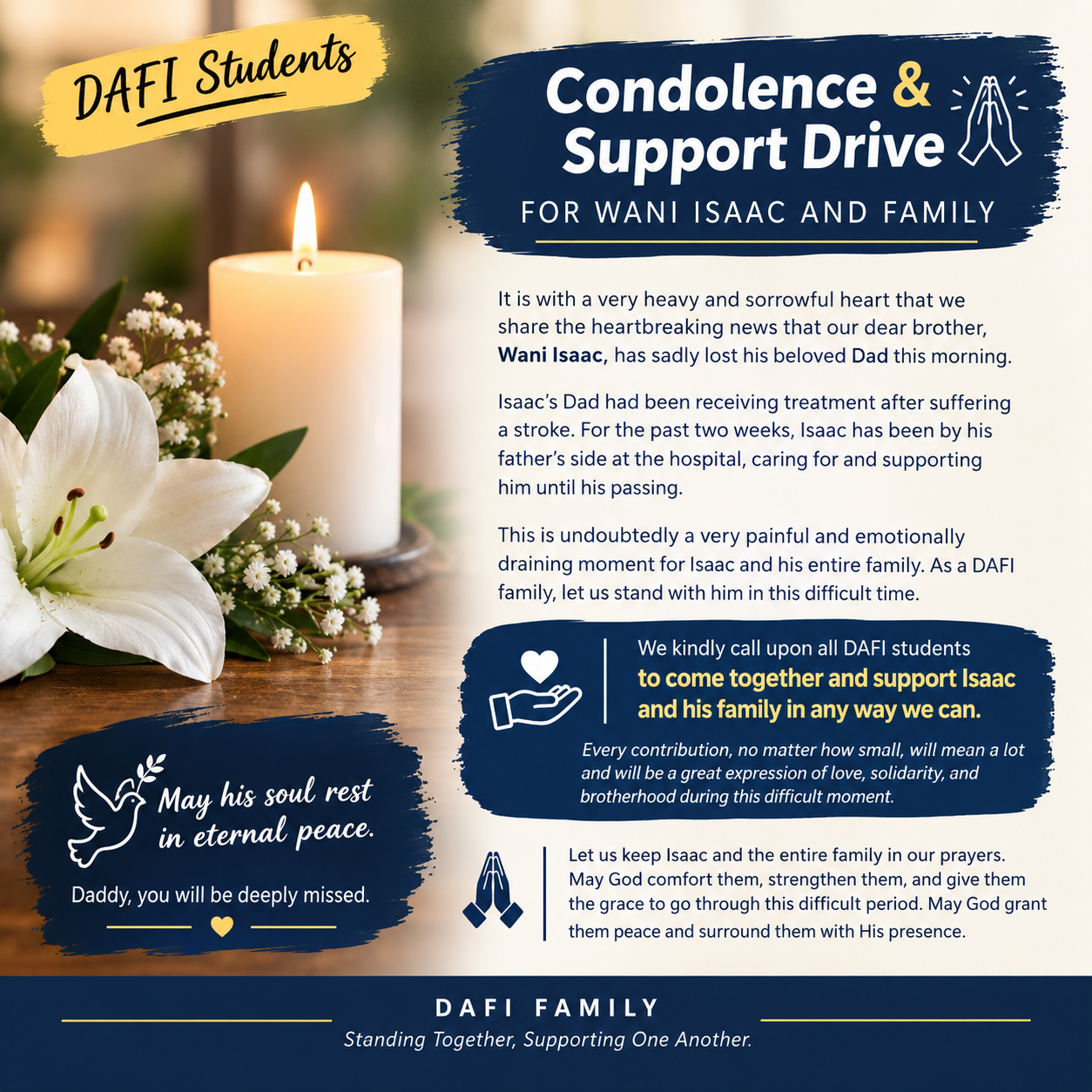 DAFI Students United in Condolence with Wani Isaac